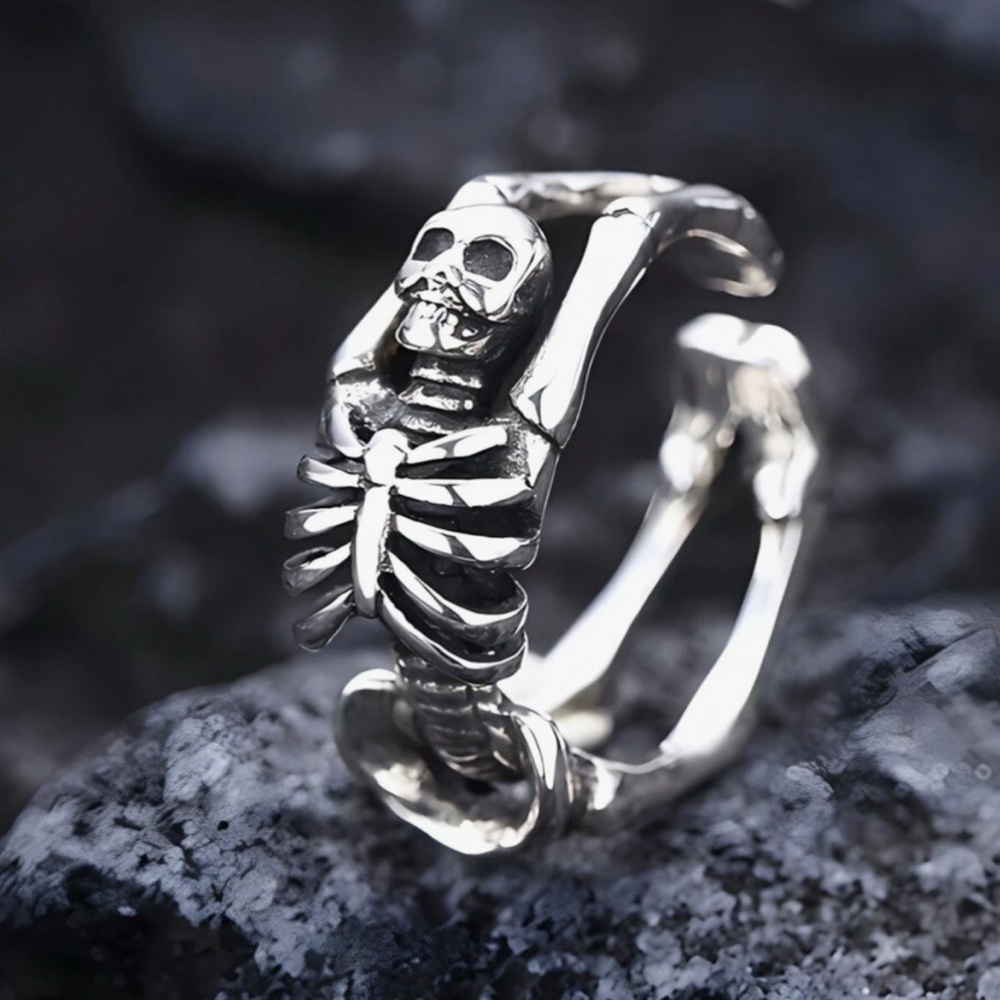 Antiqued Silver Adjustable Curved Skeleton Cuff Ring - Picture 2 of 3